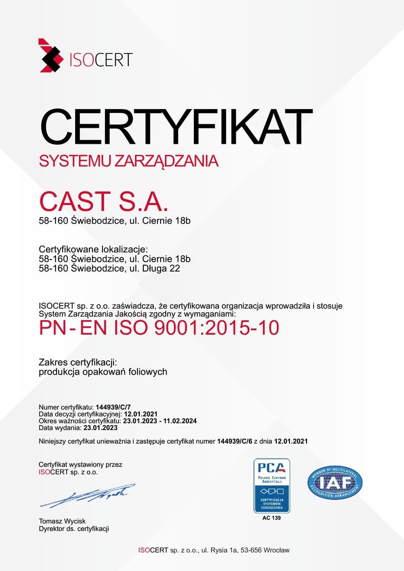 CAST - Certyfikat ISO 9001-2015